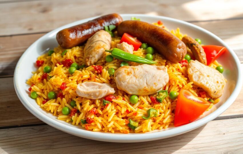 arroz à valenciana com frango e salsichas