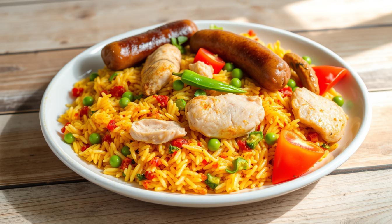 arroz à valenciana com frango e salsichas