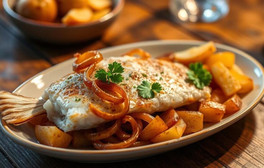 bacalhau com batata frita e cebolada