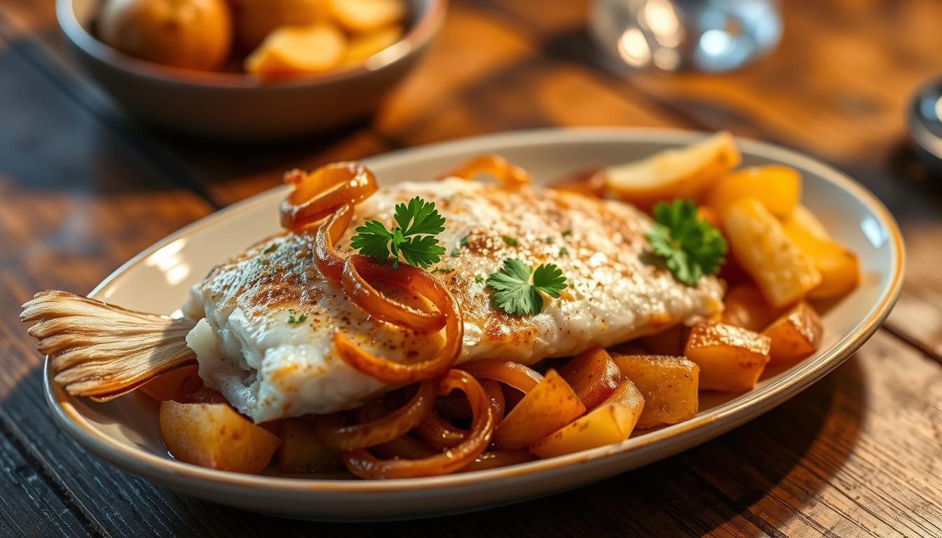 bacalhau com batata frita e cebolada